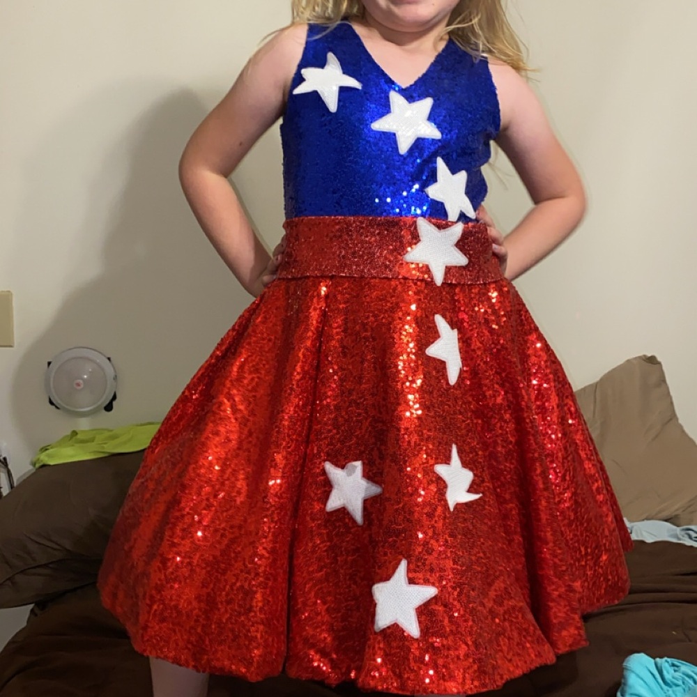 Girls patriotic red white and blue pageant dress